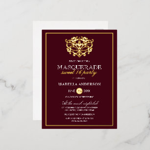 Chic Burgundy Red & Gold Masquerade Sweet 16 Party Foil Invitation Postcard