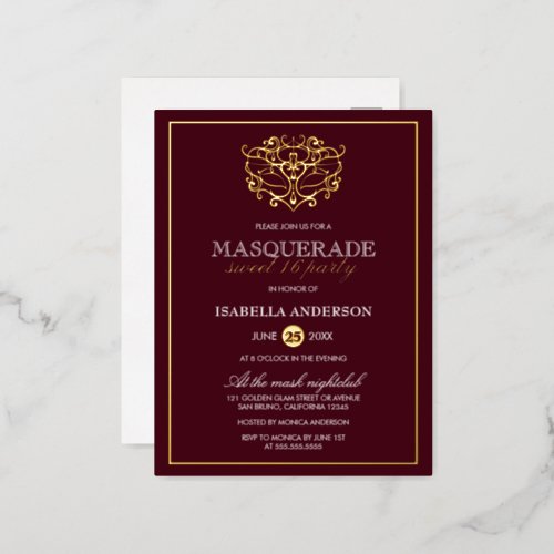 Chic Burgundy Red  Gold Masquerade Sweet 16 Party Foil Invitation Postcard