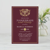 Chic Burgundy Red & Gold Masquerade Sweet 16 Party Invitation (Standing Front)