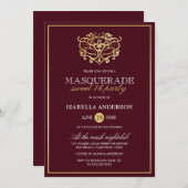 Chic Burgundy Red & Gold Masquerade Sweet 16 Party Invitation (Front/Back)