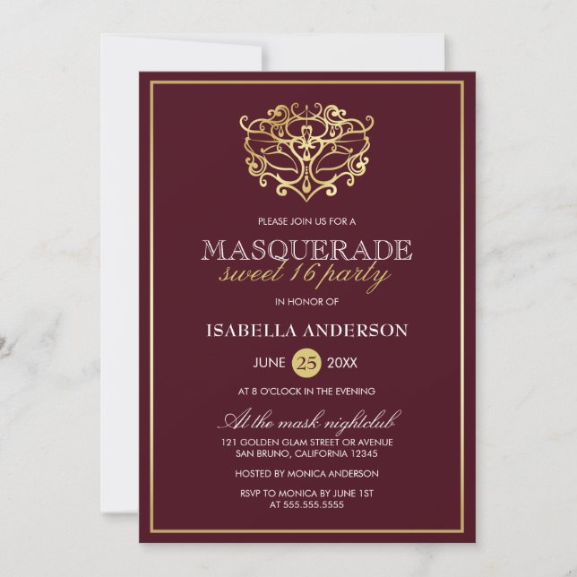 Chic Burgundy Red & Gold Masquerade Sweet 16 Party Invitation (Front)