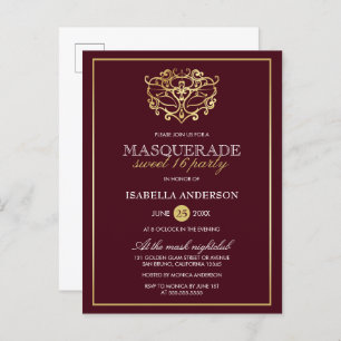 Chic Burgundy Red & Gold Masquerade Sweet 16 Party Invitation Postcard