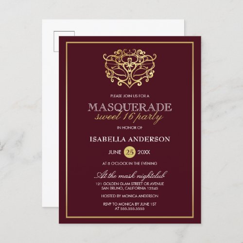 Chic Burgundy Red  Gold Masquerade Sweet 16 Party Invitation Postcard