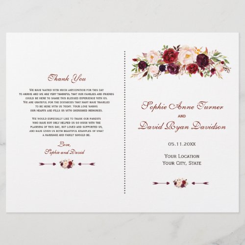 Chic Burgundy Red Marsala Floral Wedding Program