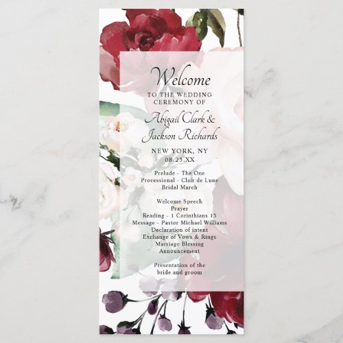 Chic Burgundy Red Violet Floral Wedding Ceremony Program