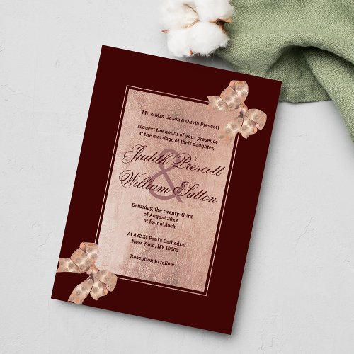 Chic burgundy rose gold glam floral bow wedding invitation