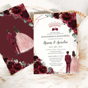 Chic Burgundy Rose Gold Twins Boy Girl Quinceanera Invitation