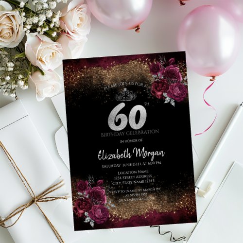 Chic Burgundy Roses Black 60th Birthday Invitation