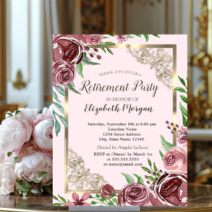 Chic Burgundy Roses Gold Frame Retirement Invitation