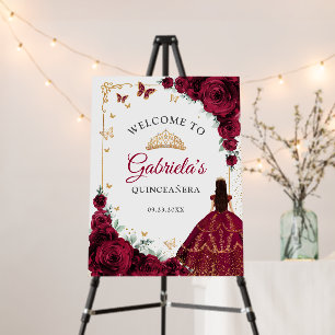 Chic Burgundy Roses Gold Quinceanera Welcome Foam Board