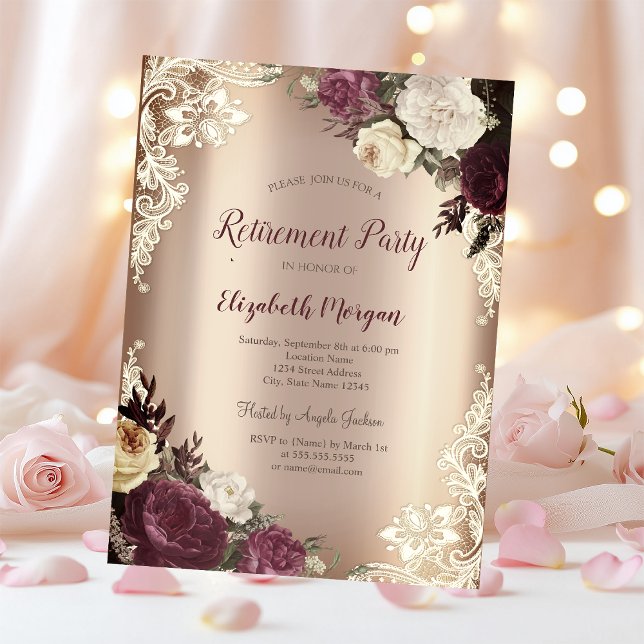 Chic Burgundy Roses,Lace Retirement  Invitation (Creator Uploaded)