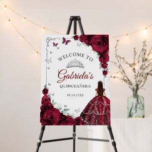 Chic Burgundy Roses Silver Quinceanera Welcome Foam Board
