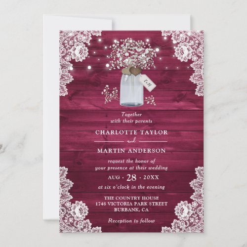 Chic Burgundy Rustic Wood Mason Jar Floral Wedding Invitation