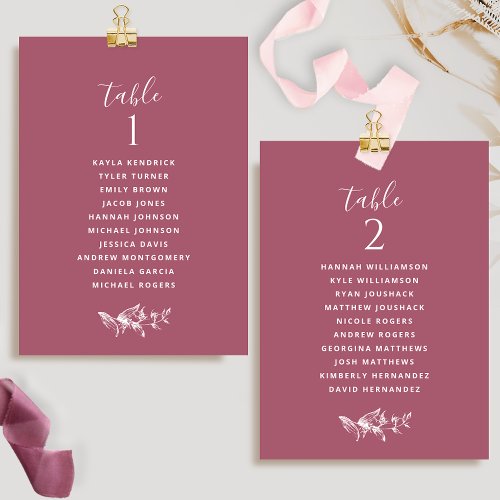 Chic Burgundy Seating Plan Cards with Guest Names