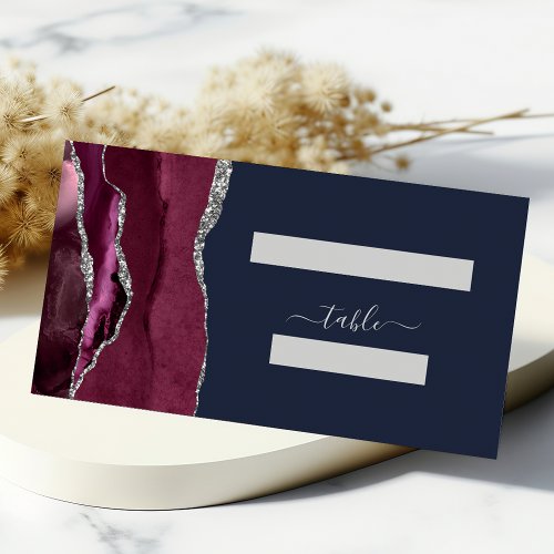 Chic Burgundy Silver Agate Navy Blue Wedding Table Place Card