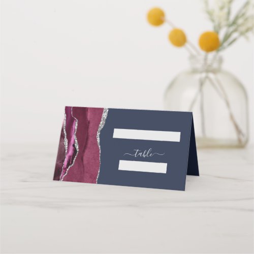 Chic Burgundy Silver Agate Navy Blue Wedding Table Place Card
