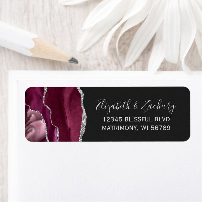 Chic Burgundy Silver Dark Wedding Return Address Label (Insitu)