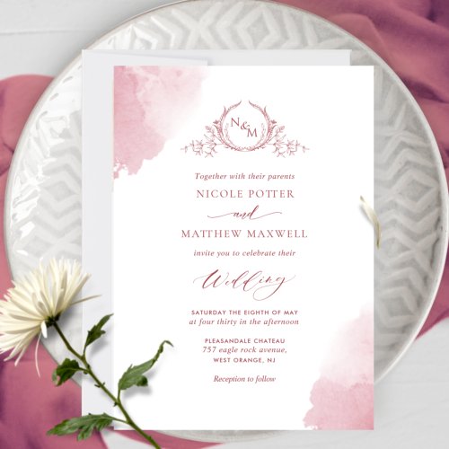 Chic Burgundy Watercolor Stains Monogram Wedding Invitation