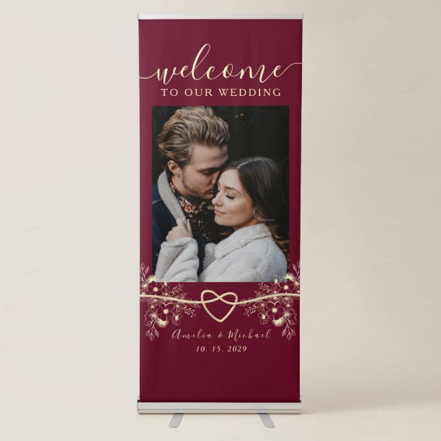 Chic Burgundy Welcome To Our Wedding Retractable Banner (Front)