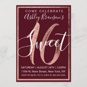 Chic Burgundy White Faux Rose Gold Foil Sweet 16 Invitation