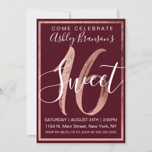 Chic Burgundy White Faux Rose Gold Foil Sweet 16 Invitation