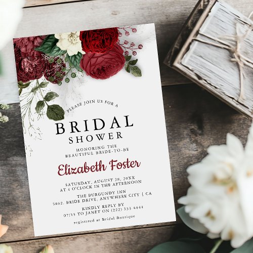 Chic Burgundy  White Floral Bridal Shower Invitation