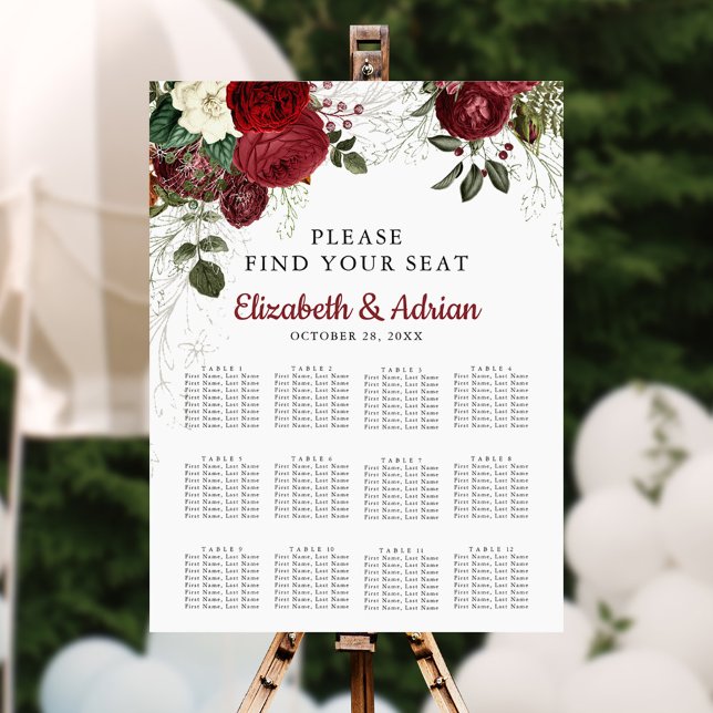 Chic Burgundy & White Floral Wedding Seating Chart Foam Board (Creator Uploaded)