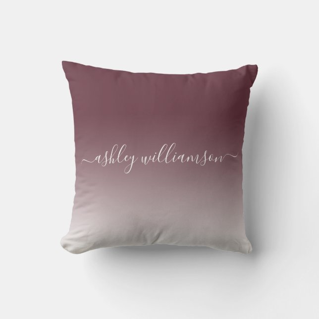Chic Burgundy White Ombre Effect Monogram Name Throw Pillow (Front)