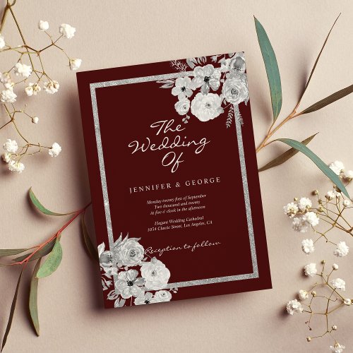Chic burgundy white silver glitter floral wedding invitation
