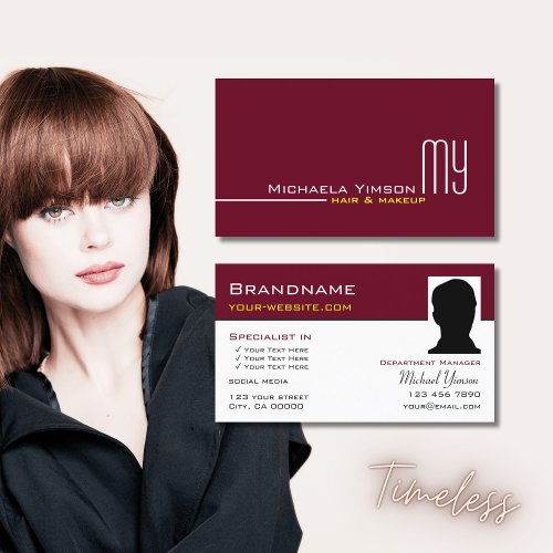 Chic Burgundy White Simple with Monogram and Photo Business Card