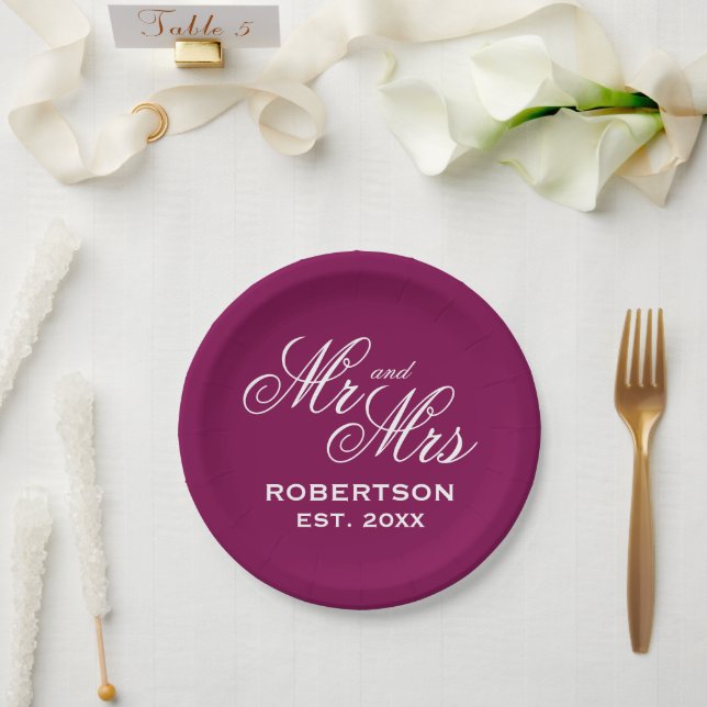 Chic burgundy wine red wedding party personalized  paper plates (Wedding)