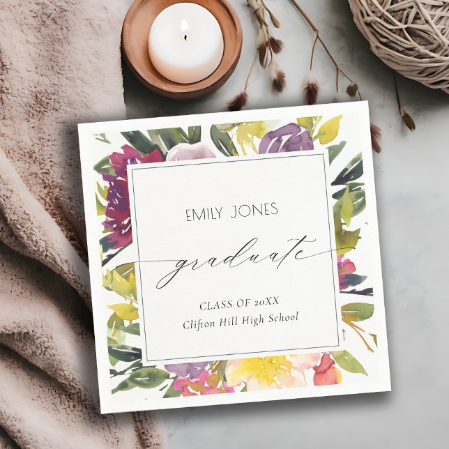 Chic Burgundy Yellow Pink Floral Photo Graduation Napkins (Creator Uploaded)