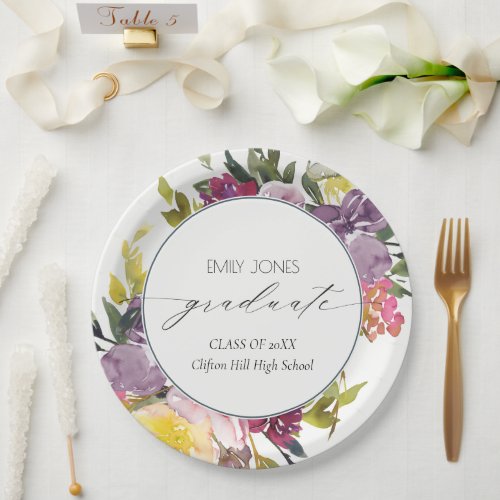 Chic Burgundy Yellow Pink Floral Photo Graduation Paper Plates