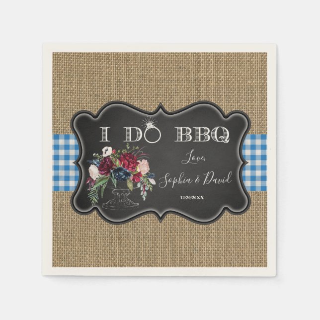 Chic Burlap Gingham and Chalk I DO BBQ Custom Napkins (Front)