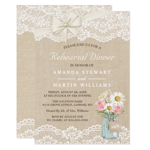 Chic Burlap Lace Floral Mason Jar Rehearsal Dinner Invitation