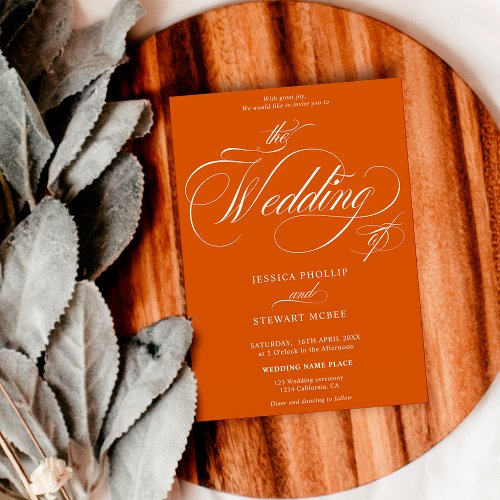 Chic burnt orange all in one calligraphy wedding invitation