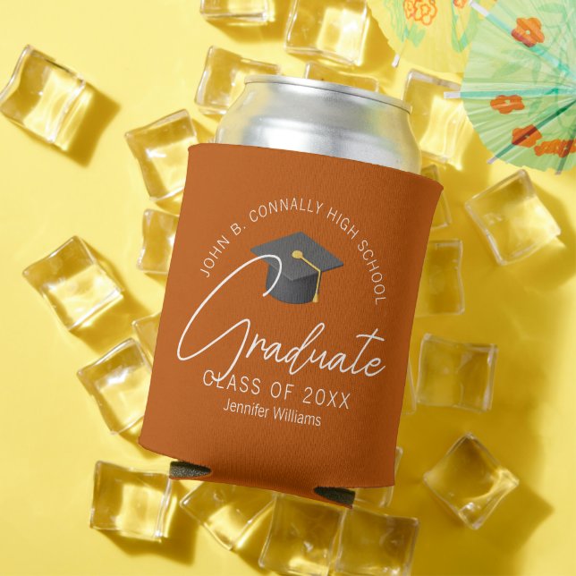 Chic Burnt Orange Graduate Custom Graduation Party Can Cooler (In Situ Summer)