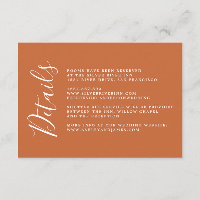 Chic Burnt Orange Wedding Details Enclosure Card (Front)