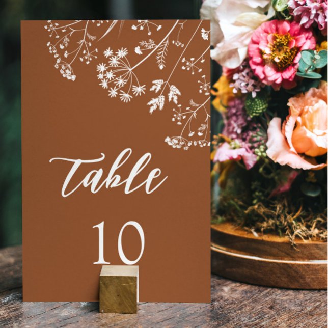 Chic Burnt Orange Wildflowers Terracotta Wedding Table Number (Creator Uploaded)
