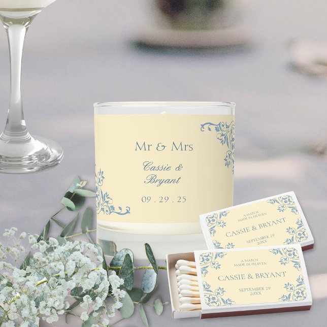 Chic Butter Yellow Romantic Wedding Matchbox Matchboxes (elegant butter yellow and blue vintage regency era inspired wedding matches a match made in heaven)