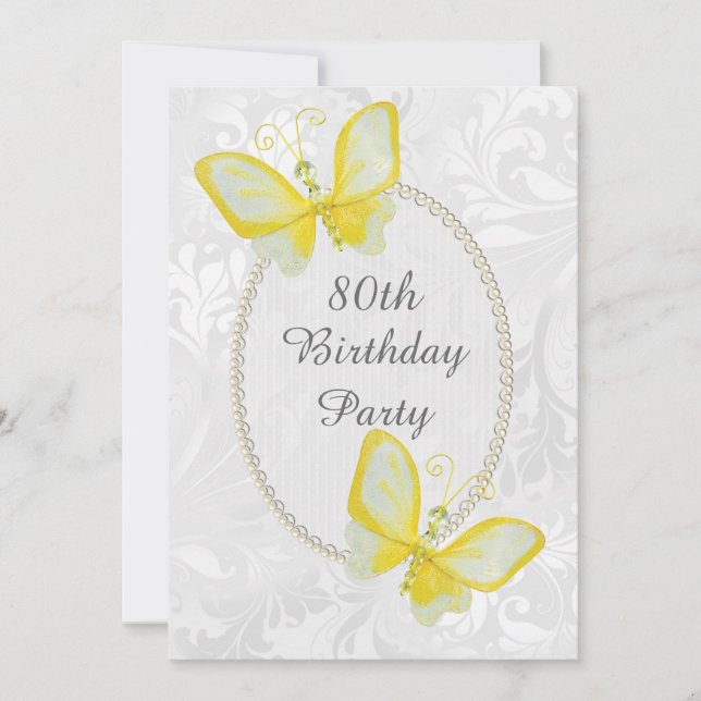 Chic Butterflies Damask 80th Birthday Double Sided Invitation (Front)