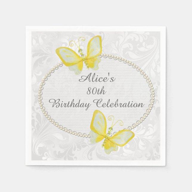 Chic Butterflies Damask 80th Birthday Personalized Napkins (Front)