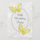 Chic Butterflies Damask 90th Birthday Double Sided Invitation<br><div class="desc">Elegant personalized / personalised custom 90th birthday party celebration invitations for women. On the front of these glamorous birthday party invites is a beautiful classy ornate white floral and swirls damask pattern background with two pretty, cute and stylish yellow and white butterflies resting on a pretty pearls lace mat printed...</div>