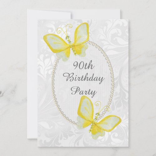 Chic Butterflies Damask 90th Birthday Double Sided Invitation
