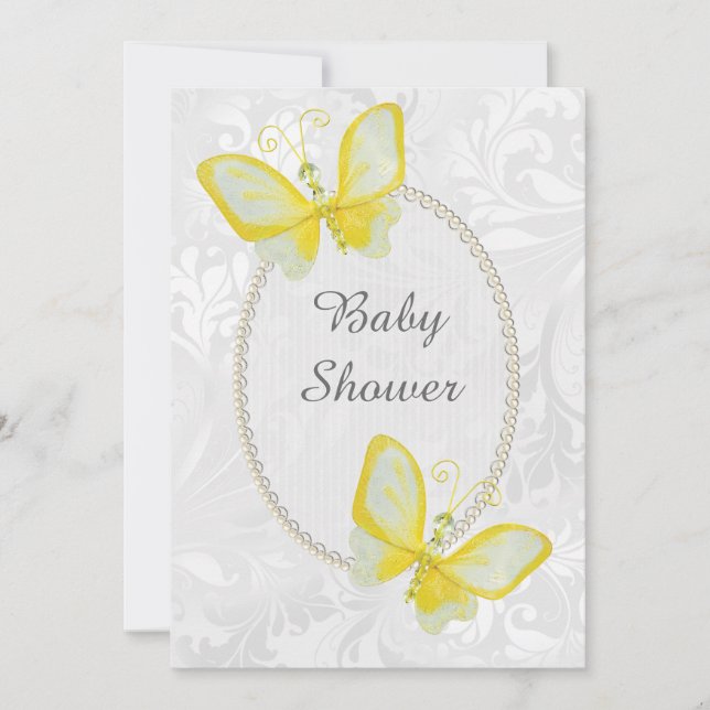 Chic Butterflies Damask Baby Shower Double Sided Invitation (Front)