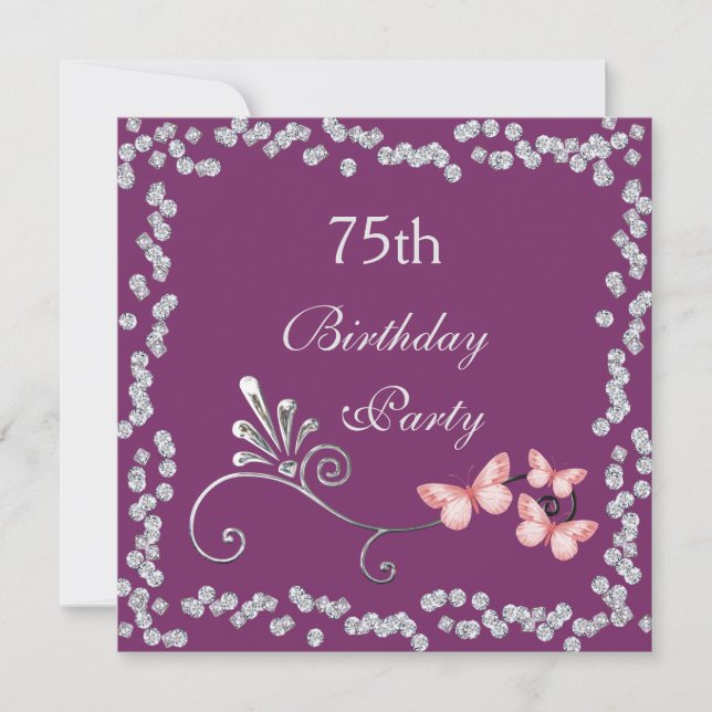 Chic Butterflies & Diamonds 75th Birthday Invitation (Front)