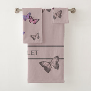 Chic Butterflies & Love is Script on Dusty Pink Bath Towel Set