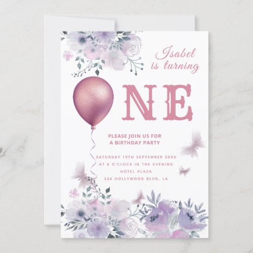 Chic Butterfly floral balloon lilac 1st birthday I Invitation