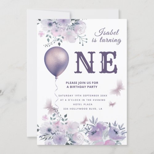 Chic Butterfly floral balloon lilac 1st birthday Invitation