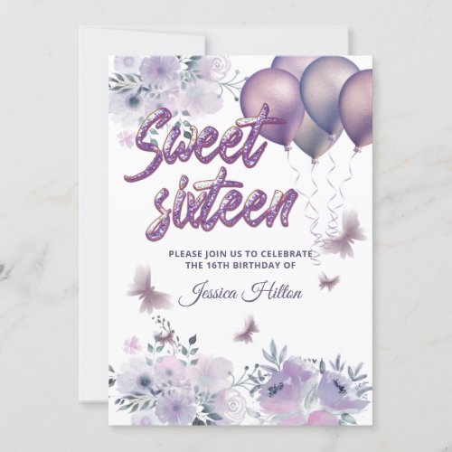 Chic Butterfly floral balloon lilac sweet sixteen  Invitation